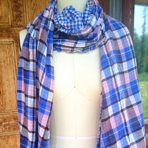 American Colors Scarf Wrap By Alex Lehr - Reversible Plaid Gingham Blue Preppy